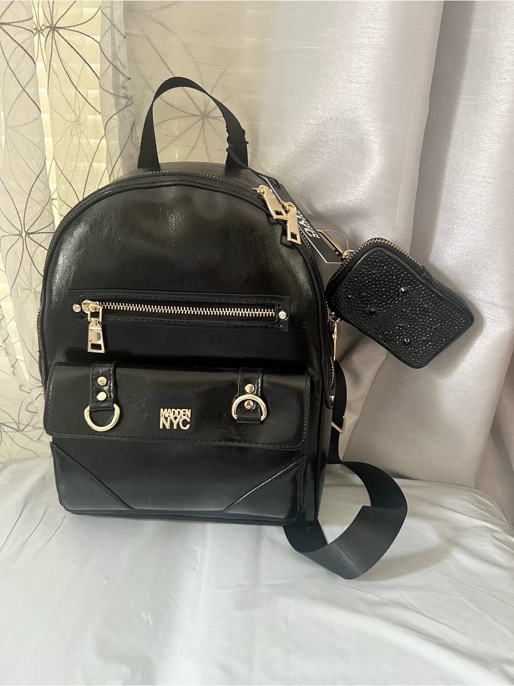 Steve Madden NYC Black Patent Mini Backpack with detachable pocket wallet.
